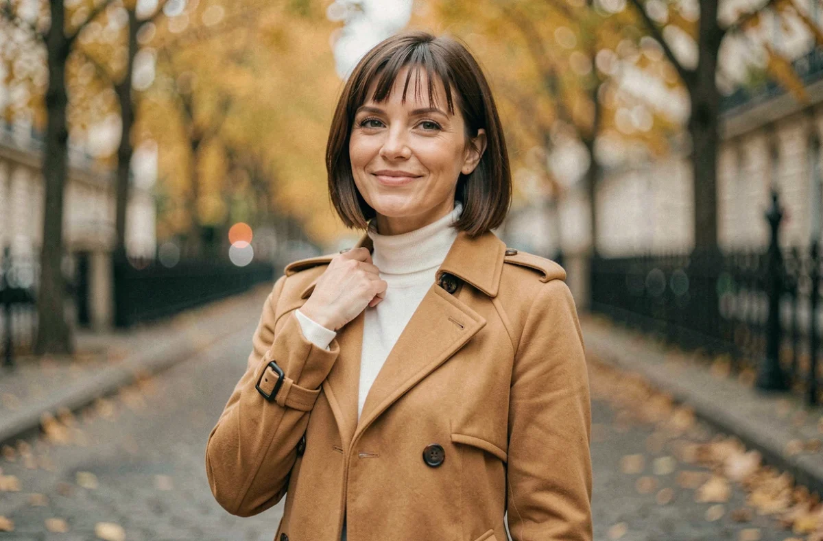 Femme arborant une nouvelle coupe courte au carré dans une rue parisienne en automne après transformation capillaire