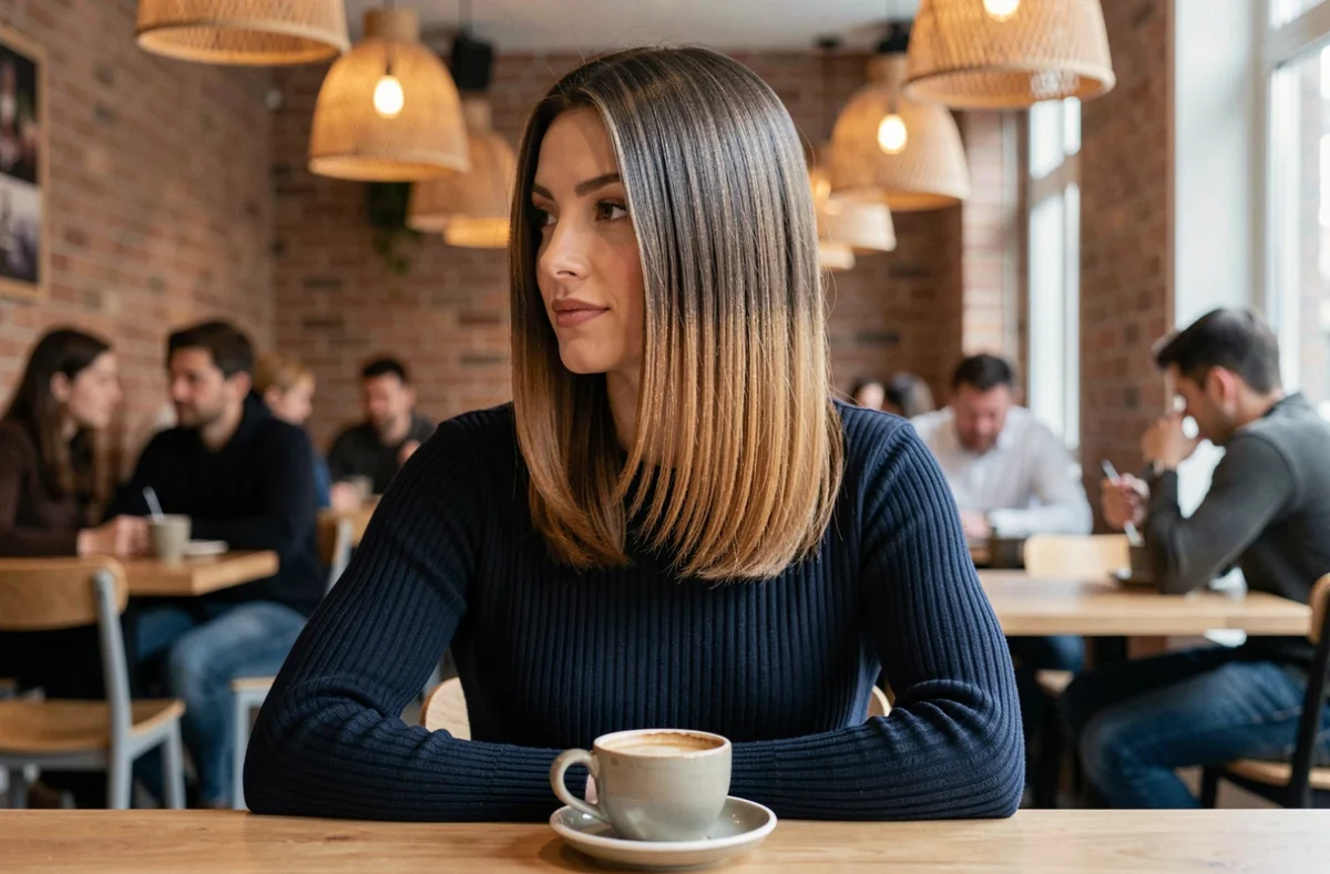 Femme aux cheveux mi-longs en dégradé cendré caramel avec une coupe précise dans un café moderne