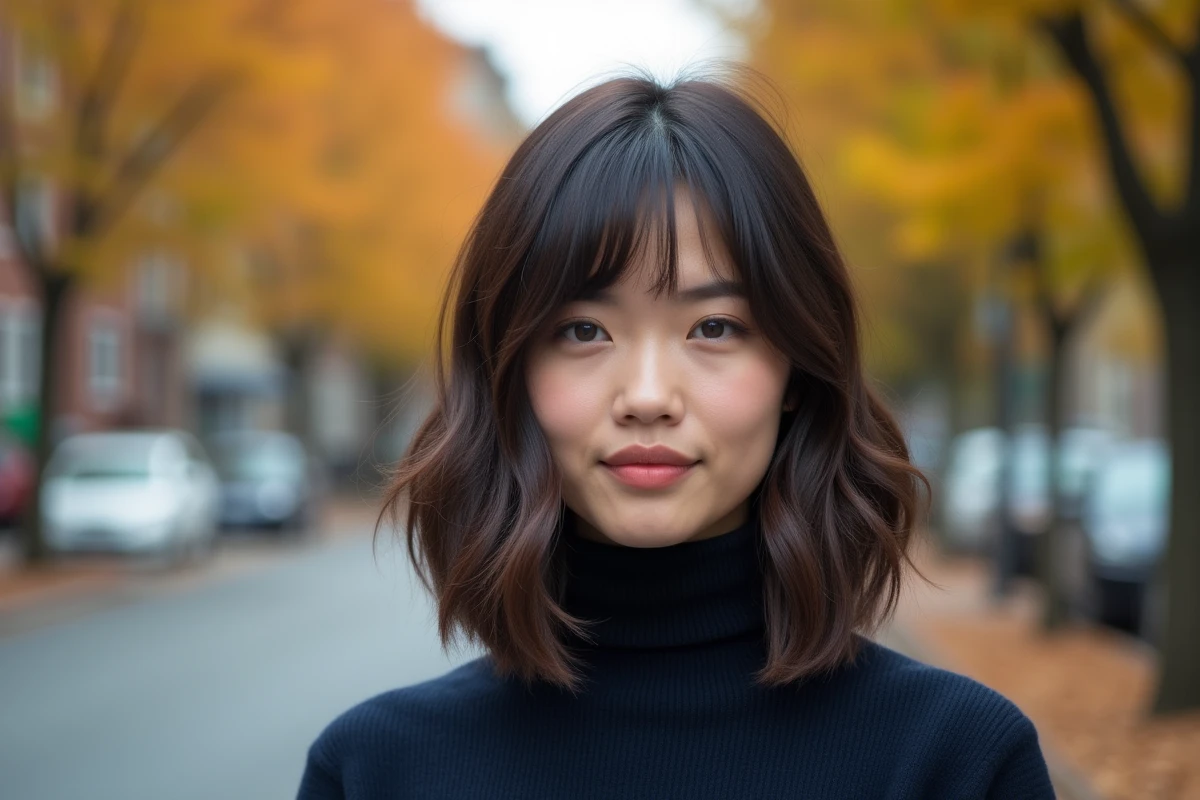 Coupe mi-longue avec frange balayée sur le côté pour affiner un visage rond, femme photographiée en extérieur en automne