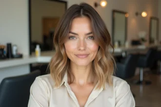 Femme aux cheveux mi-longs avec coupe dégradée adaptée à un visage rond, assise dans un salon de coiffure moderne