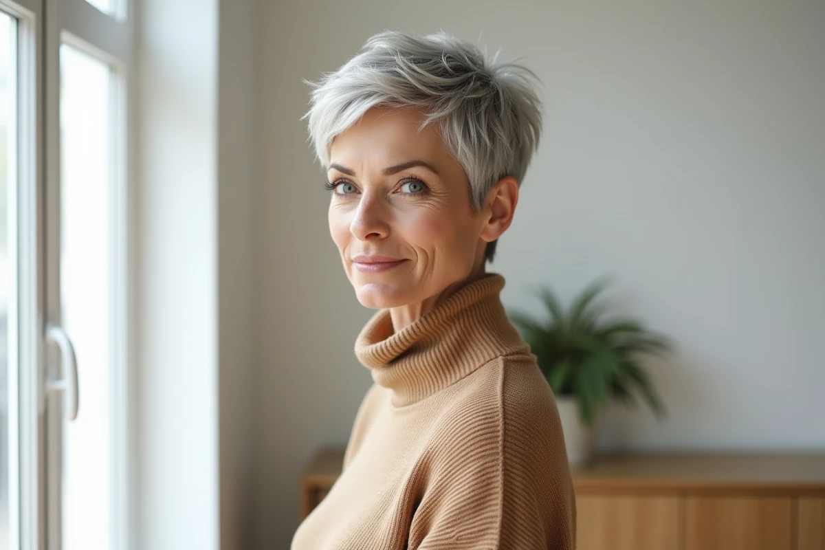 Femme d'âge mûr arborant une coupe pixie texturée pour donner du volume aux cheveux fins