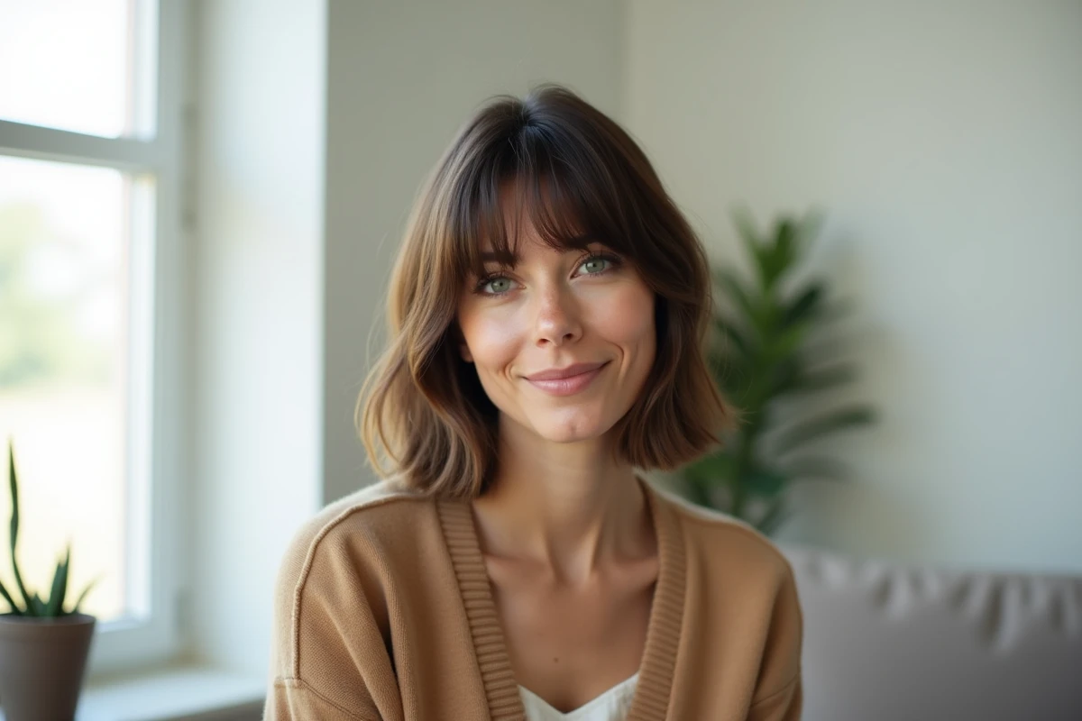 Femme avec une coupe shag mi-longue et frange rideau adaptée à un visage rond, photographiée dans un appartement minimaliste lumineux