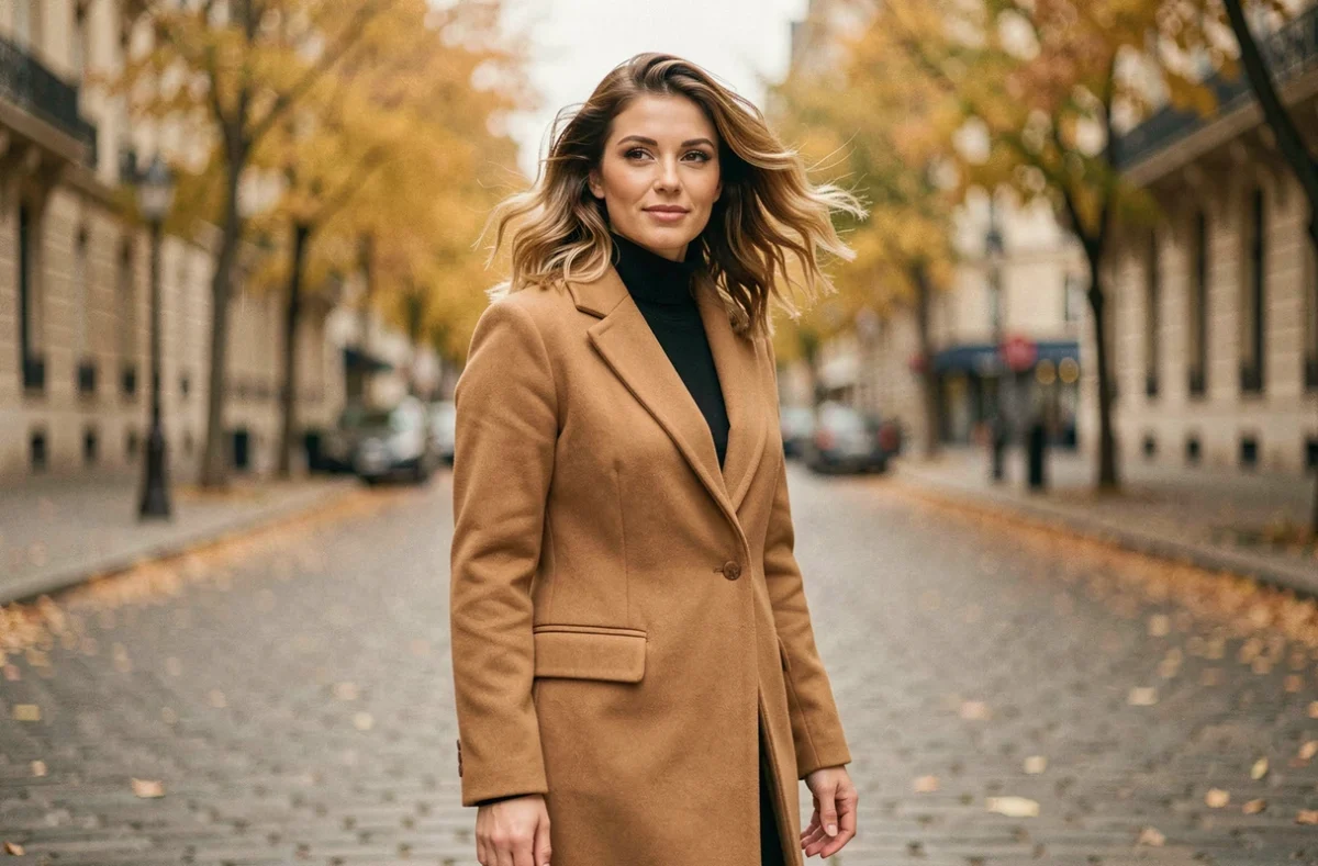 Femme avec coupe dégradée mi-longue aux reflets miel dans une rue parisienne en automne