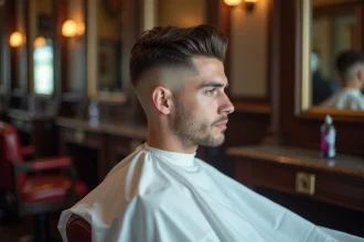 Homme vue de dos dans un fauteuil de barbier montrant un dégradé fade tapered propre sur les côtés et la nuque