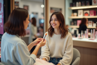 Jeune femme recevant une demonstration maquillage en magasin