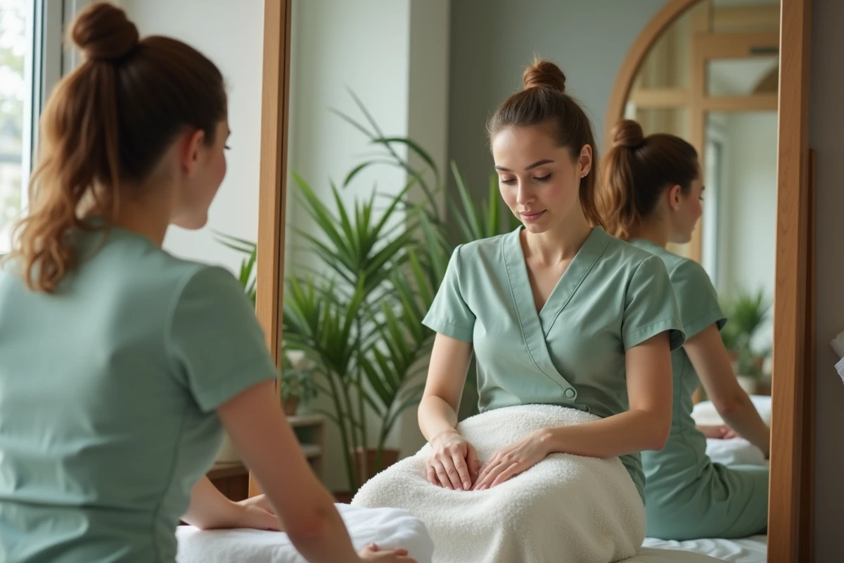 Esthéticienne démontrant la technique de pinchage à une cliente devant un miroir dans un studio de beauté