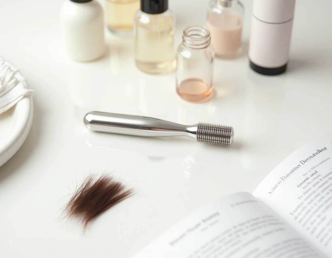 Dermaroller pour cheveux posé sur une surface blanche avec sérums capillaires et notice, vue à plat