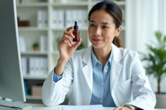 Dermatologue femme tenant un flacon de sérum anti-âge Rovea Skin lors d'une consultation médicale