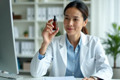 Dermatologue femme tenant un flacon de sérum anti-âge Rovea Skin lors d'une consultation médicale