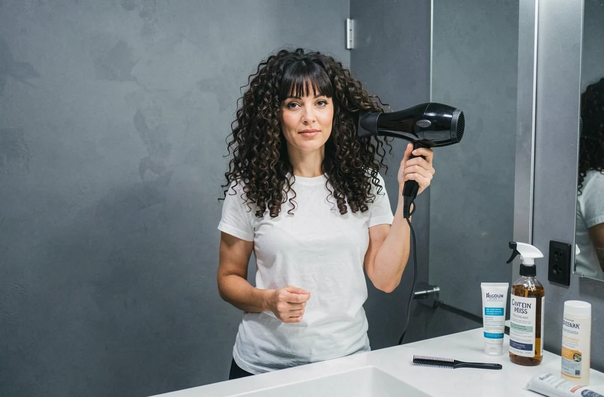 Femme utilisant un diffuseur pour coiffer ses cheveux bouclés avec frange dans une salle de bain moderne