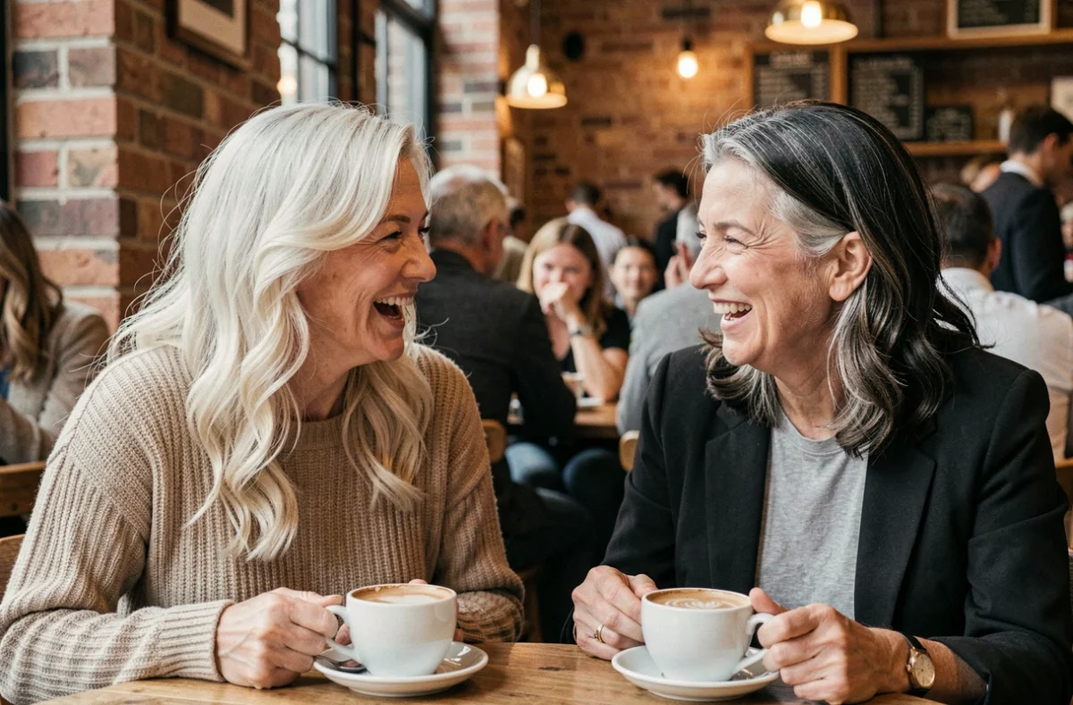 Deux femmes discutant dans un café, l'une avec cheveux blancs naturels et l'autre avec racines argentées visibles
