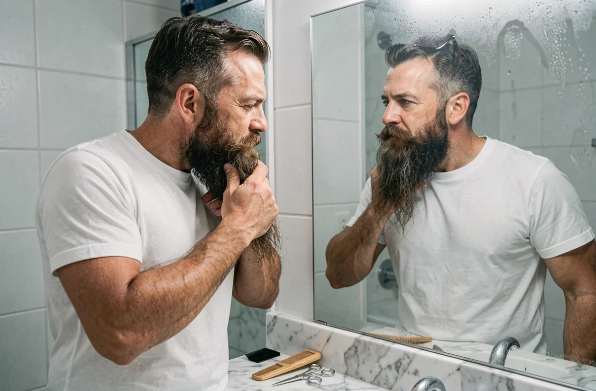Homme de quarante ans entretenant sa barbe longue devant un miroir de salle de bain avec des outils de coiffage posés sur le comptoir