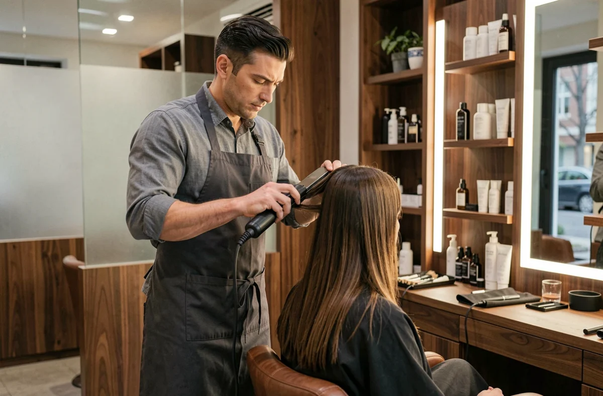 Eric Stipa dans son salon de Conflans-Sainte-Honorine coiffant une cliente avec un lisseur