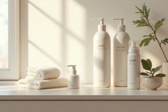Étagère de bain minimaliste avec produits Avril bio
