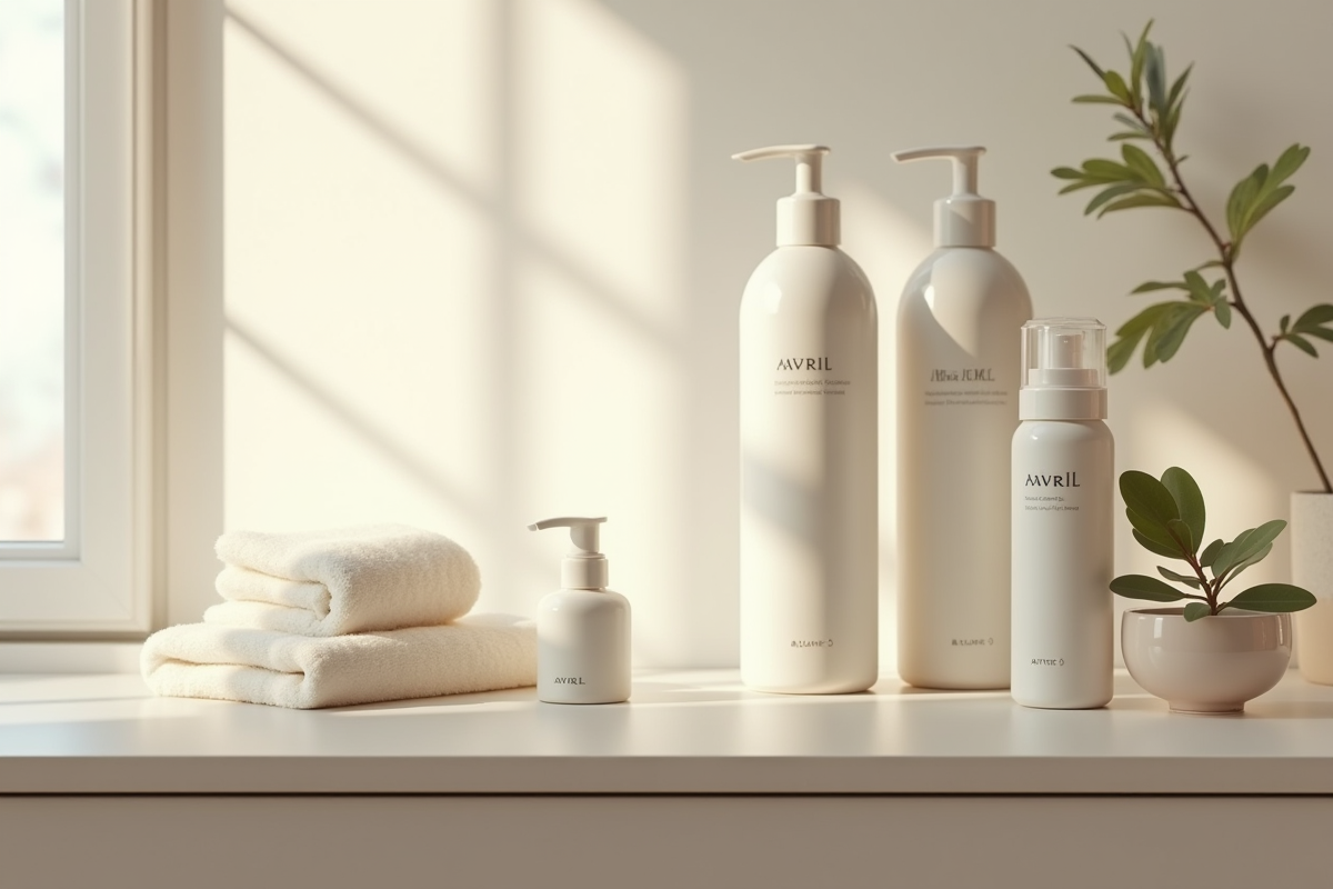 Étagère de bain minimaliste avec produits Avril bio