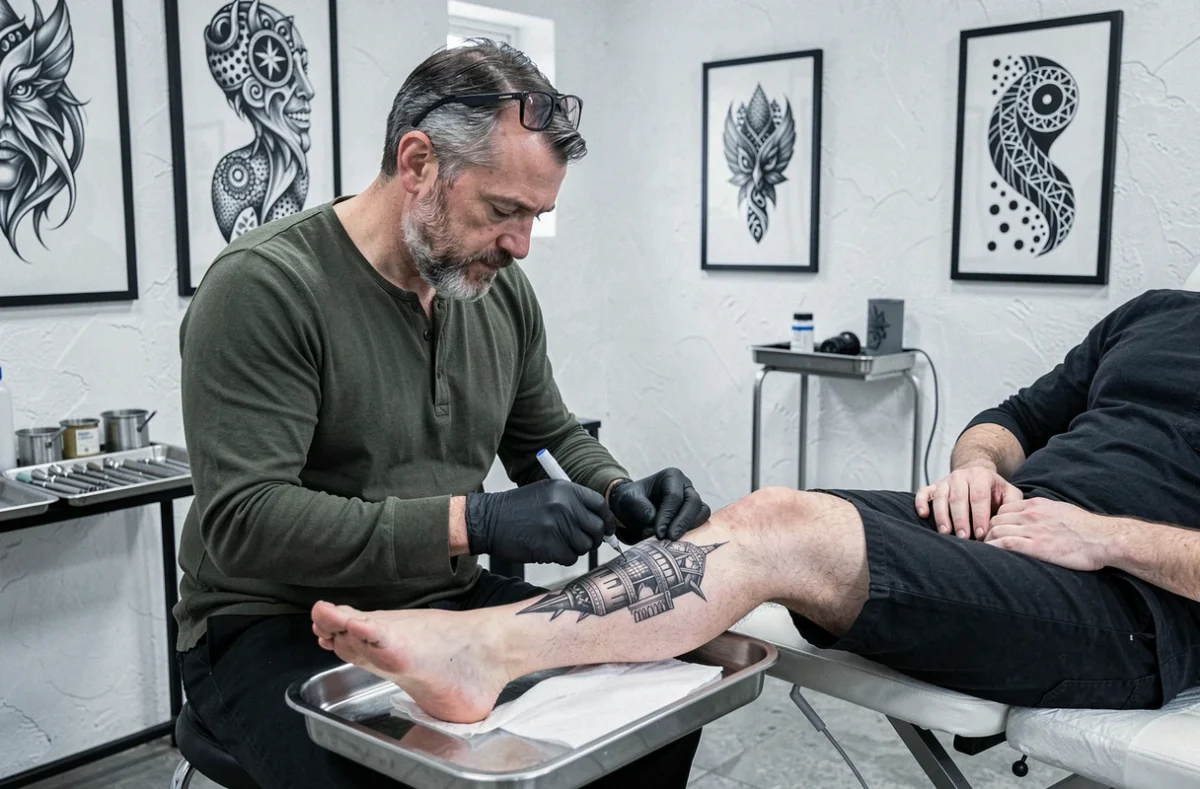 Tatoueur d'Eternal Ink à Beaugency appliquant un tatouage blackwork architectural sur le mollet d'un client dans un studio minimaliste aux murs blancs et plateaux en acier