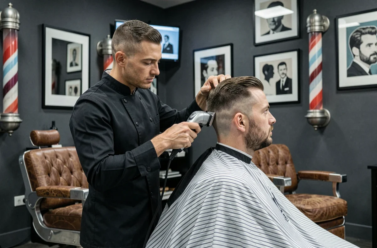 Fabien Morin, coiffeur masculin à Versailles, réalisant un dégradé sur un client