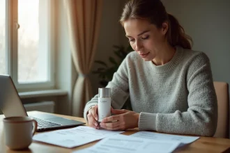 Femme analysant un colis Space NK avec des factures et un ordinateur affichant une page de paiement en ligne