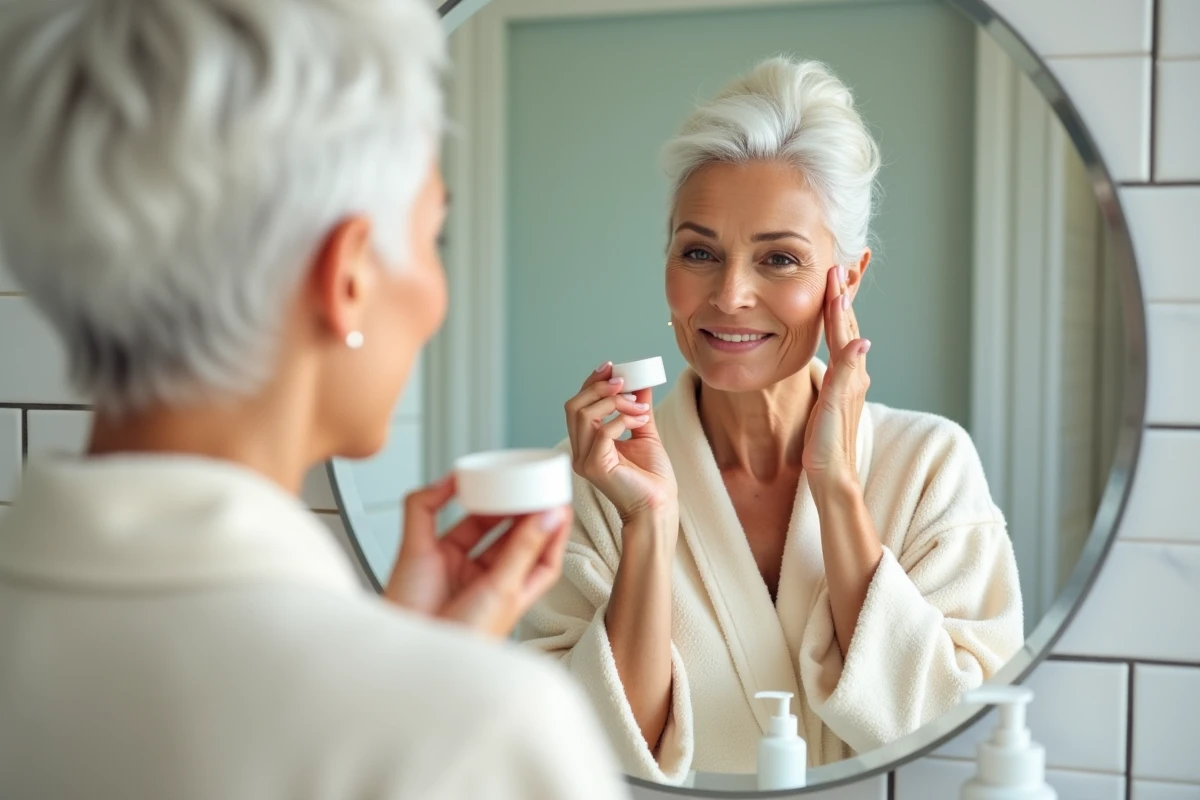 Femme mature appliquant une crème anti-rides Rovea Skin dans sa salle de bain devant un miroir