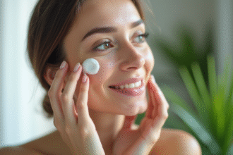 Femme souriante appliquant une creme visage sur une cicatrice