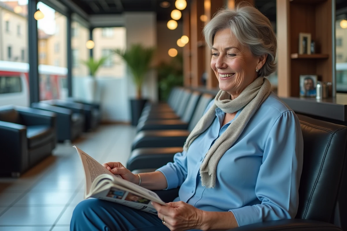Femme lisant magazine dans salon de Lyon