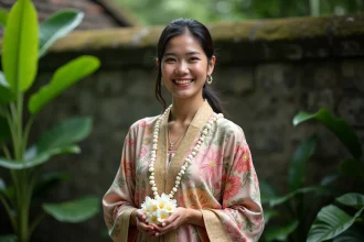Femme balinaise en kebaya tenant des fleurs de jasmin