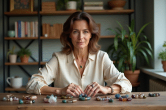 Femme arrangeant bracelets de gemmes dans un bureau cosy