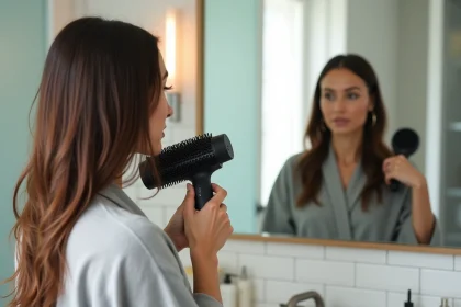 Femme utilisant une brosse soufflante rotative dans sa salle de bain pour coiffer ses cheveux bruns