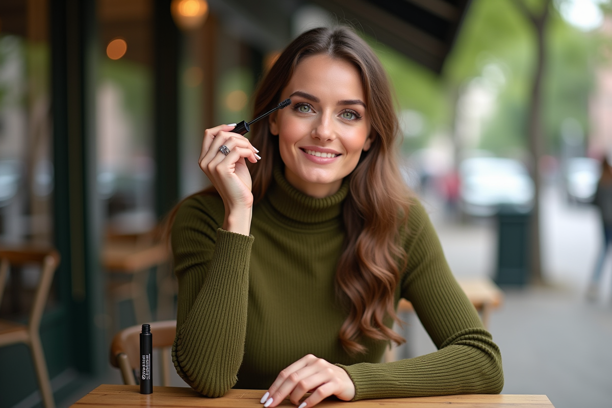 Femme avec mascara vert dans un café en extérieur