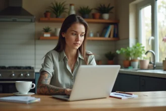 Femme calculant le coût d'un tatouage dans une cuisine lumineuse