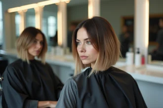Femme en salon de coiffure examinant son carré dégradé mal exécuté dans le miroir