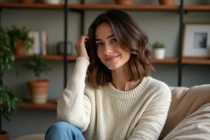 Femme aux cheveux bruns et sourire chaleureux dans un intérieur cosy