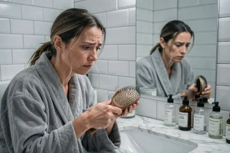Femme examinant une brosse à cheveux remplie de cheveux tombés dans une salle de bain moderne, illustrant la problématique de la chute de cheveux