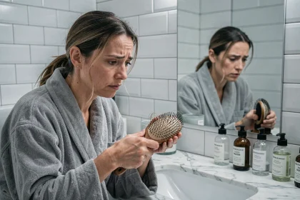 Femme examinant une brosse à cheveux remplie de cheveux tombés dans une salle de bain moderne, illustrant la problématique de la chute de cheveux