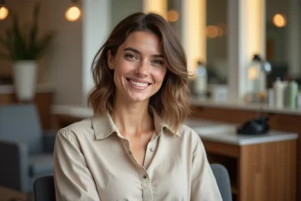 Femme souriante avec coiffure naturelle en salon moderne