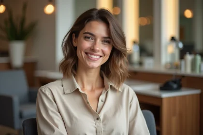 Femme souriante avec coiffure naturelle en salon moderne