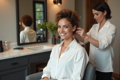 Femme souriante en coiffure dans un salon moderne