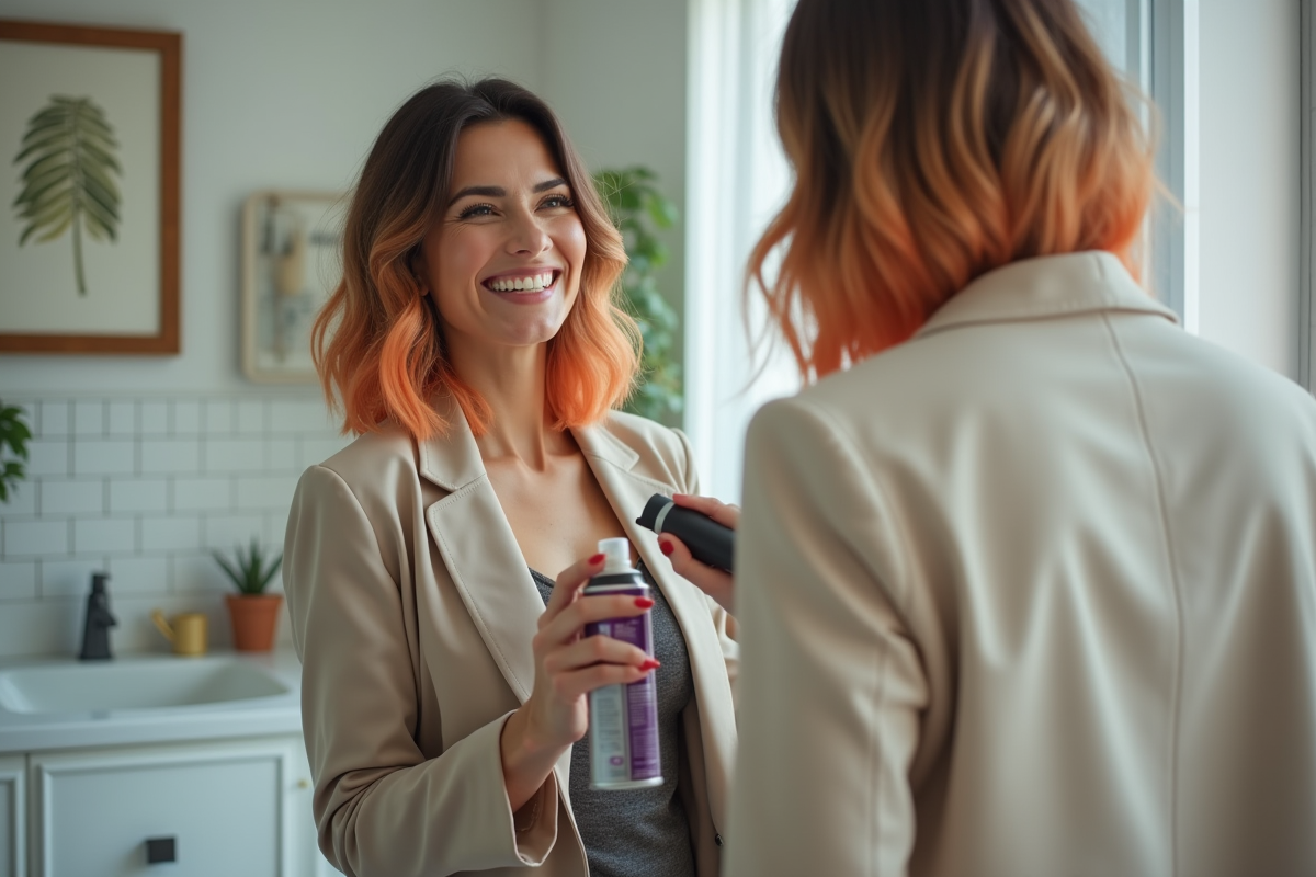 Femme souriante appliquant couleur sur cheveux devant miroir