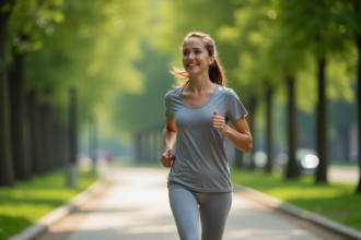 Femme souriante courant dans un parc urbain verdoyant