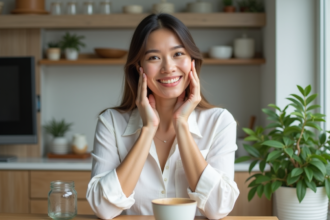 Femme appliquant crème visage naturelle avec sourire