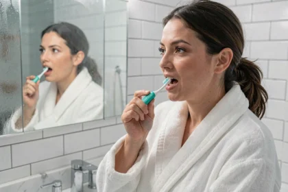 Femme évaluant les résultats du dentifrice MARVIS contre les taches de café dans sa salle de bain