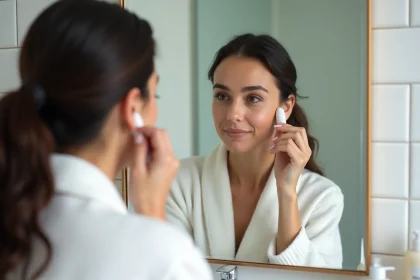 Femme utilisant un dermaroller sur le cuir chevelu devant un miroir de salle de bain, routine soin capillaire