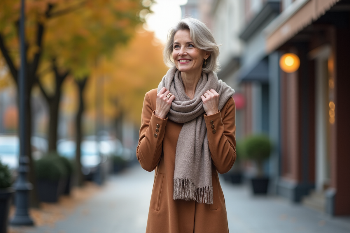 Femme confiante en robe automnale dans la rue