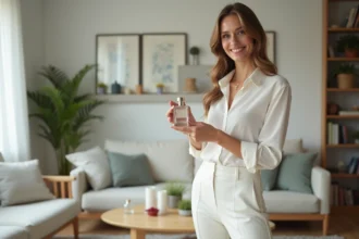 Femme élégante avec parfum dans un salon moderne