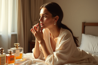 Femme élégante dans une chambre moderne testant des parfums Zara