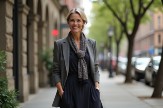 Femme élégante en ville avec robe midi et blazer