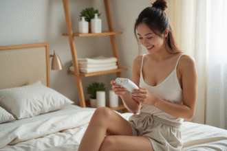 Femme examinant un epilateur dans une chambre lumineuse