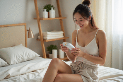 Femme examinant un epilateur dans une chambre lumineuse