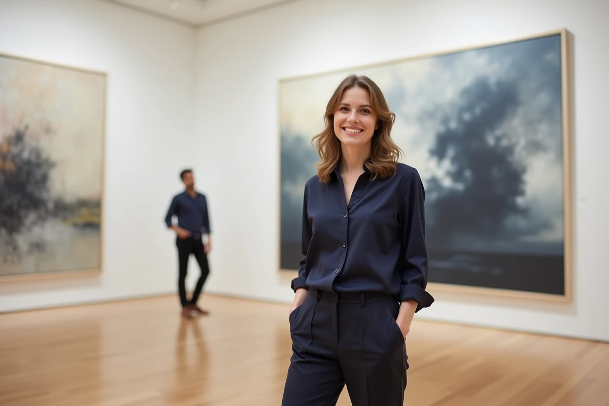 Femme observant une peinture abstraite dans une galerie d'art