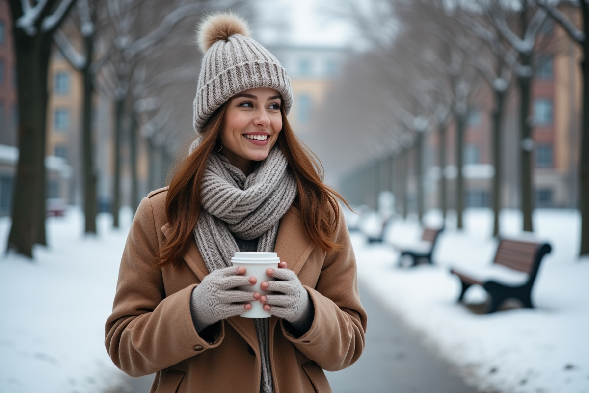 Jeune femme souriante dans un parc enneige en hiver